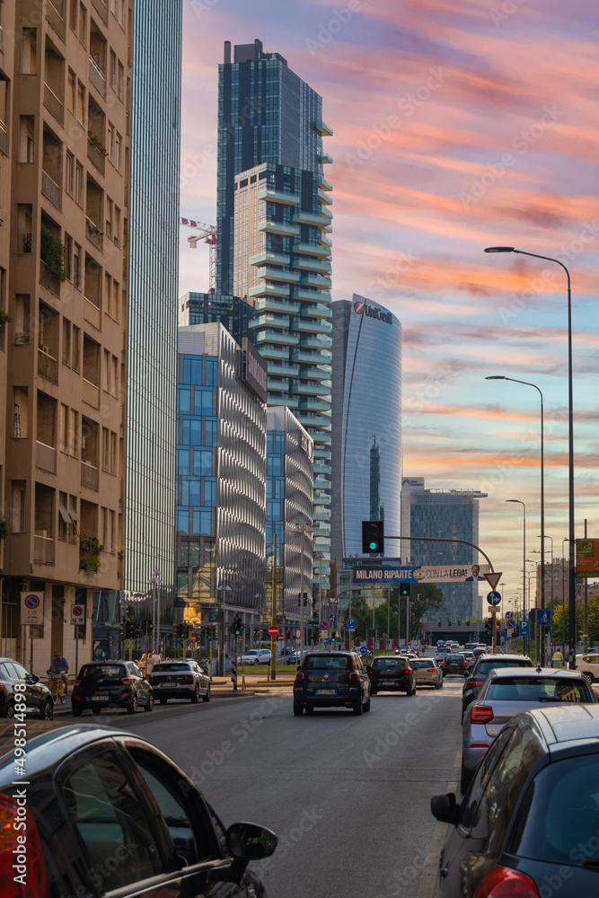 Obraz premium MILAN, ITALY - August 22, 2021: Vertical view of Modern buildings in Milan city center