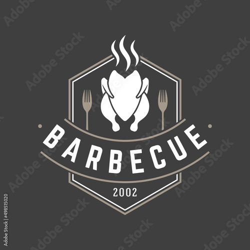 Restaurant logo template vector object for logotype or badge design. Trendy retro style illustration, barbecue grill chicken silhouette.