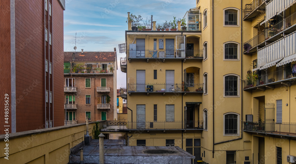 View of Typical apartament building in the streets of Turin, Italy