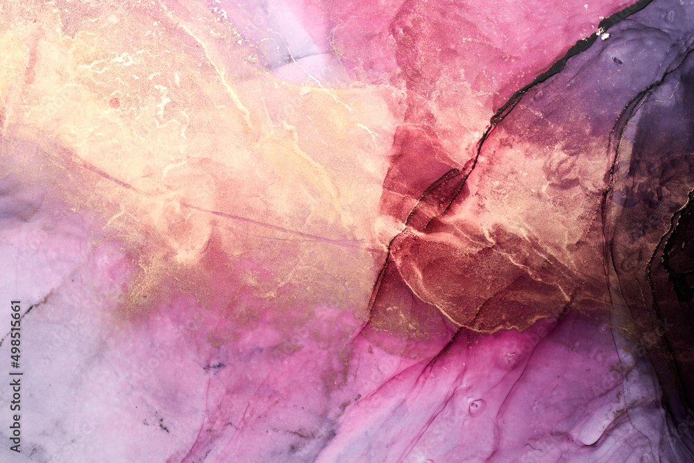Naklejka premium Luxury abstract background in alcohol ink technique, pink gray gold liquid painting, scattered acrylic blobs and swirling stains, printed materials