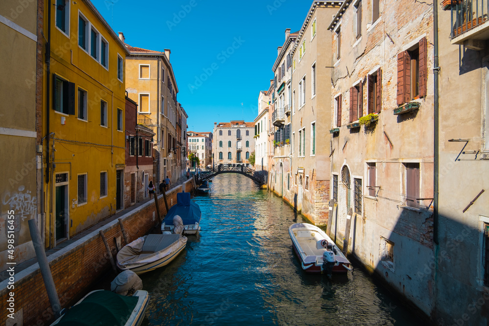 VENICE, ITALY - August 27, 2021: View of empty water streets with a few tourists on the canals of Venice.