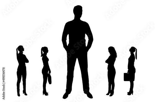 Vector silhouetteof a big man and four small women near him