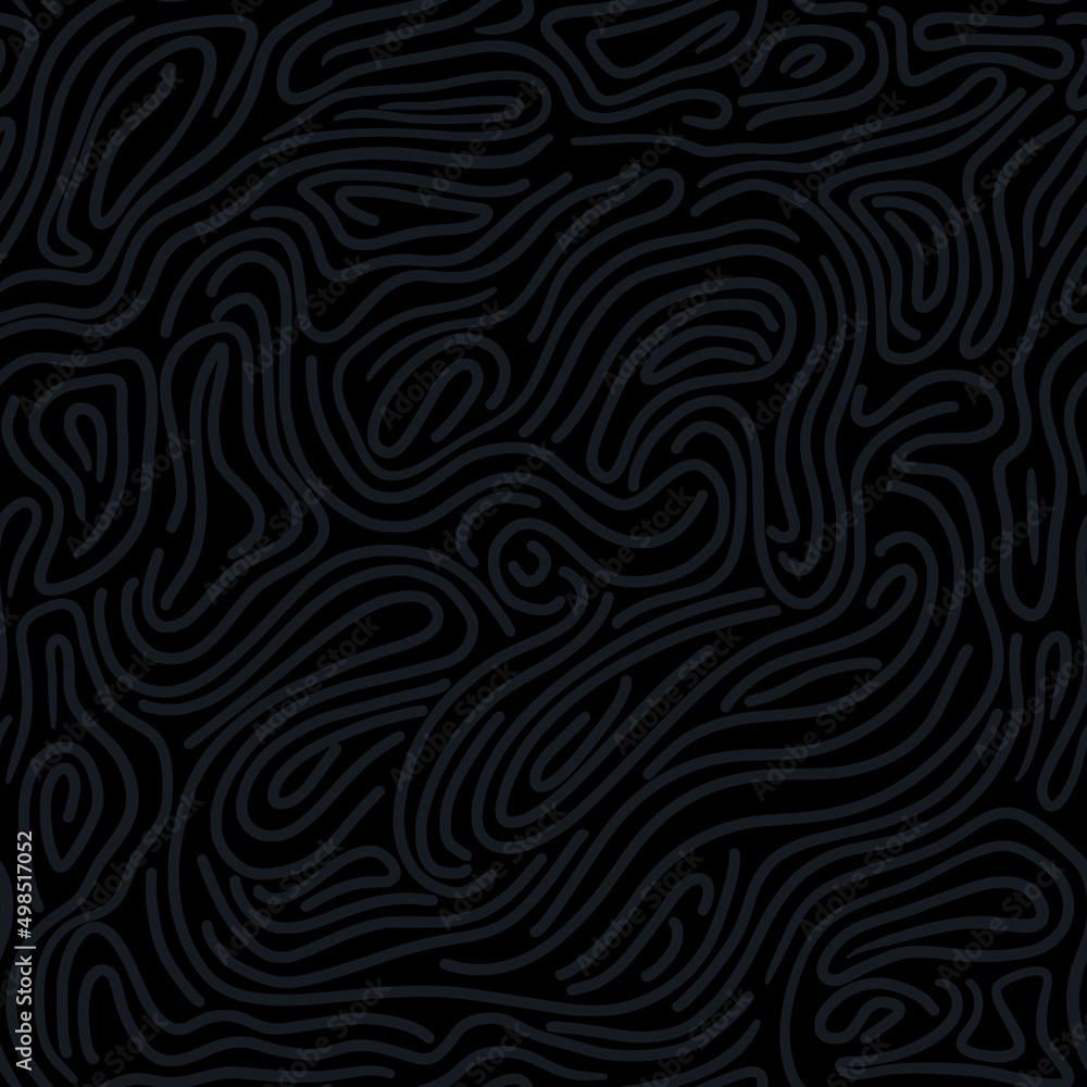 Dark seamless background with abstract fingerprint texture. Geometric wavy linear surface design.