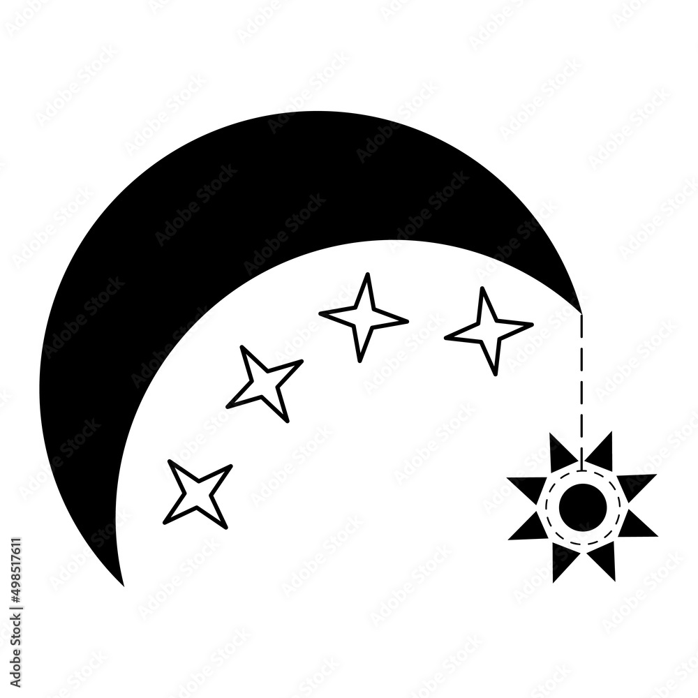 Crescent moon with sun amulet and stars. Magic symbol for witchcraft, astrology, palmistry. Vector illustration. Crescent moon with sun amulet and stars. Magic symbol for witchcraft, astrology, palmistry. Vector illustration.
