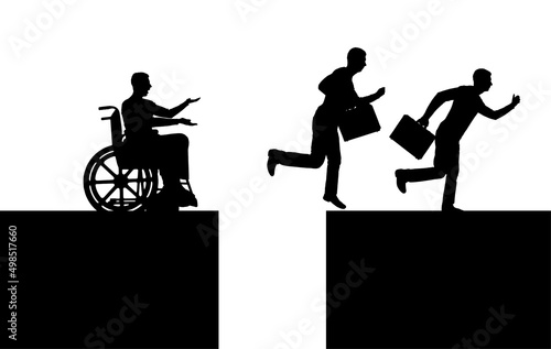 Silhouette vector of a disabled worker in a wheelchair stopped before an abyss and healthy workers jump over the abyss and run on