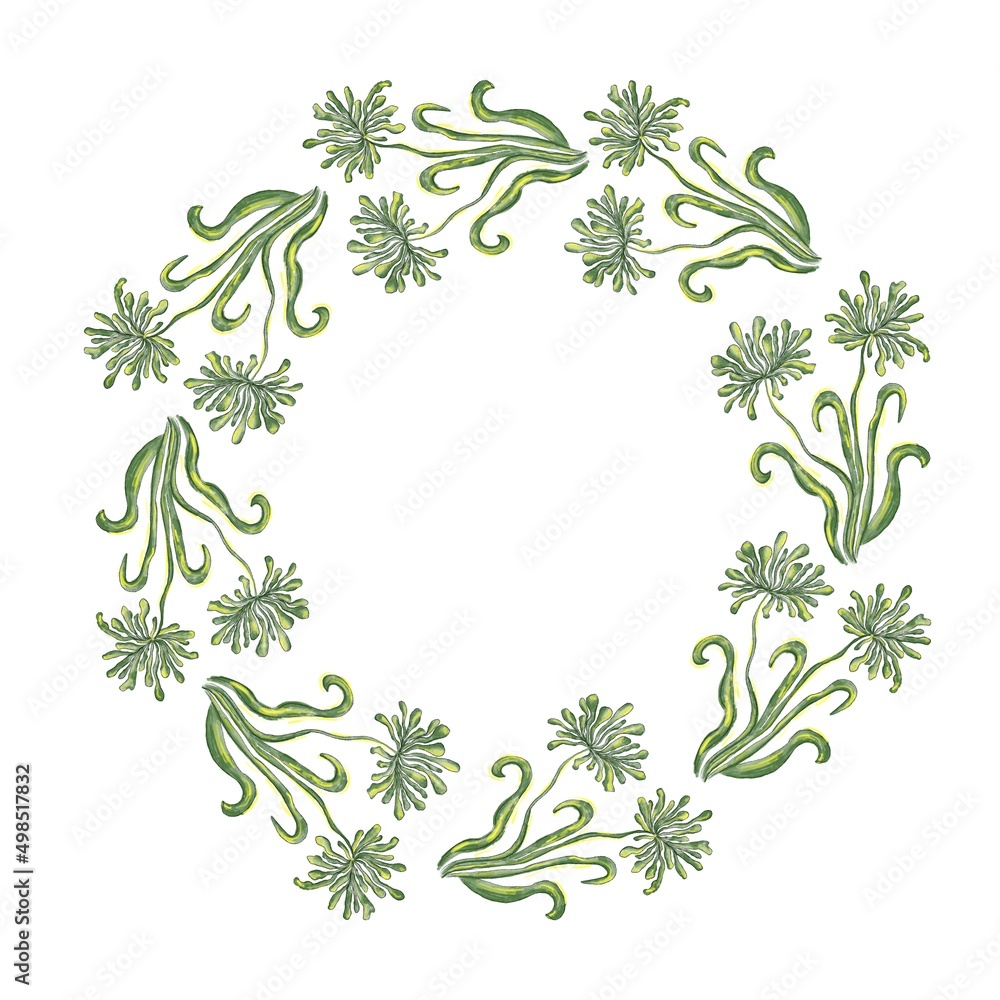 Naklejka premium Round floral frame in green. Frame with flowers for invitations, greetings, greeting cards.