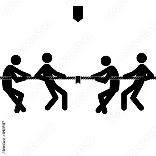 Set of stick figures tug of war, flat vector illustration.