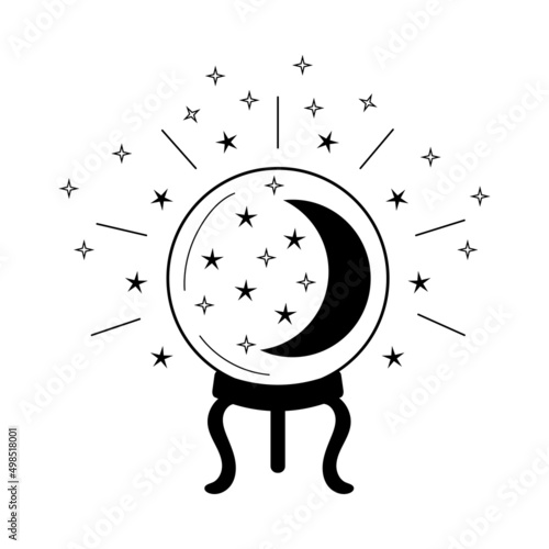 Magic crystal ball with crescent moon and stars. Prediction of future, invisible energy. Vector illustration.