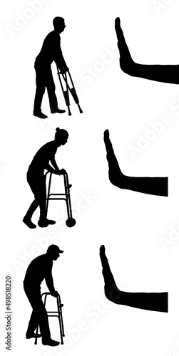 Silhouette vector of a woman and man with a walker for disabled, crutches and hand gesture stop