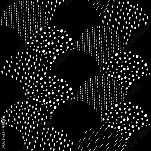 Vector illustration. Children's drawing. Spotted black and white background. Geometric abstract pattern of hand-drawn shapes. Filled and linear organic forms.