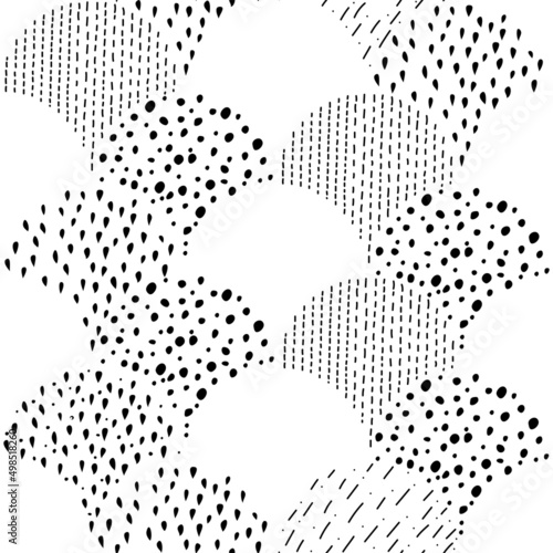 Vector illustration. Children's drawing. Spotted black and white background. Geometric abstract pattern of hand-drawn shapes. Filled and linear organic forms.