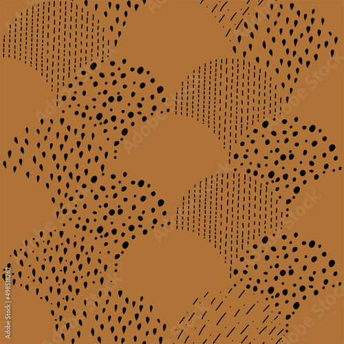 Vector illustration. Children's drawing. Spotted black and beige background. Geometric abstract pattern of hand-drawn shapes. Filled and linear organic forms.