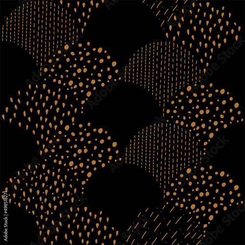 Vector illustration. Children's drawing. Spotted black and beige background. Geometric abstract pattern of hand-drawn shapes. Filled and linear organic forms.