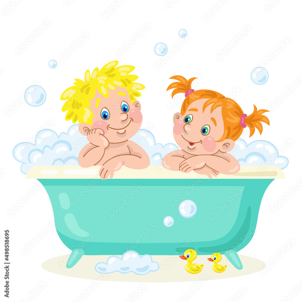 Funny little children are sitting in a bubble bath. In cartoon style. Isolated on white background. Vector illustration Funny little children are sitting in a bubble bath. In cartoon style. Isolated on white background. Vector illustration