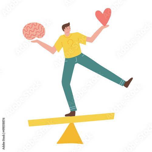 Man comparing logic thinking and intuition on scales. Male character looking at brain vs heart on seesaw. Emotional instincts and logic balance concept. Mind vs emotions. Flat vector illustration.