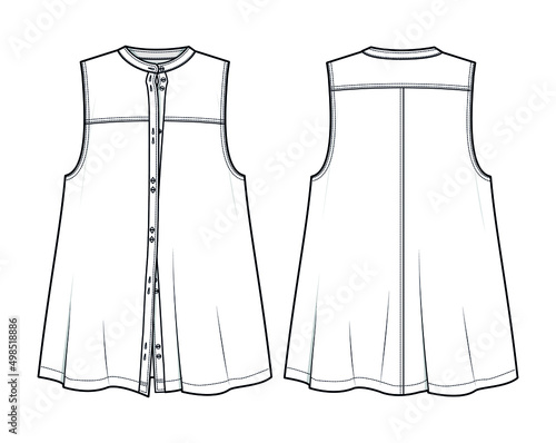 Mandarin Collar Sleeveless Flared Top Front and Back View Vector, Fashion Illustration , CAD, Technical Drawing, Flat Drawing.