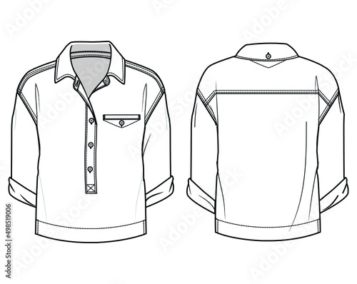 Three Quarter Sleeve Collared Half Placket Top, Knit Half Placket Collared Blouse Front and Back View Vector, Fashion Illustration , CAD, Technical Drawing, Flat Drawing.	