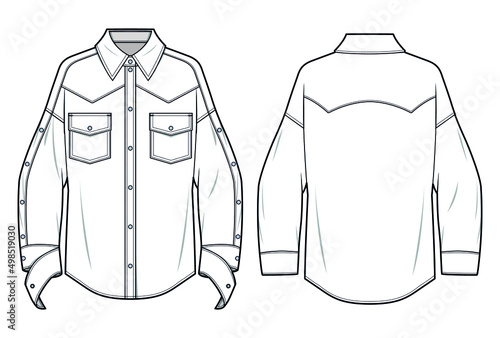 Western Yoke Long Sleeve Shirt with Pockets, Drop Shoulder Long Sleeve Snap Button Detail Shirt Front and Back View. Mens, women, Unisex Fashion Illustration, Vector, CAD, Technical Flat Drawing