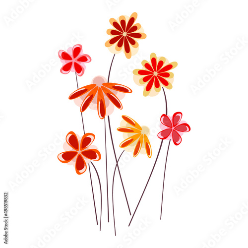 Cartoon flat abstract bunch of flowers vector isolated on white. Bright colored illustration. Floral design element for print, background, banner or card.