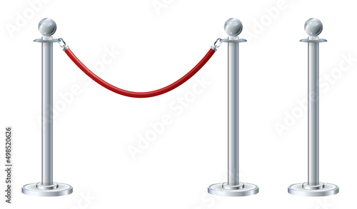 Retractable belt rack. Portable tape barrier. Red carpet with red ropes on silver stanchions. Exclusive event, movie premiere, gala, ceremony, awards concept. Vector