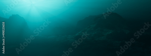 Rugged Landscape Terrain Underwater Dark Scene. Lake or Ocean Water. 3d Rendering Art Background. Sunny Sunrays.