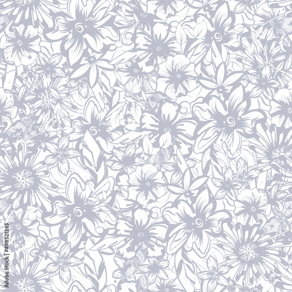 Seamless background Hand drawn sketch flowers and leaves. Gray flower on white backdrop with vectored sheets. White silhouettes of flowers, flowers and herbs isolated on purple background. 