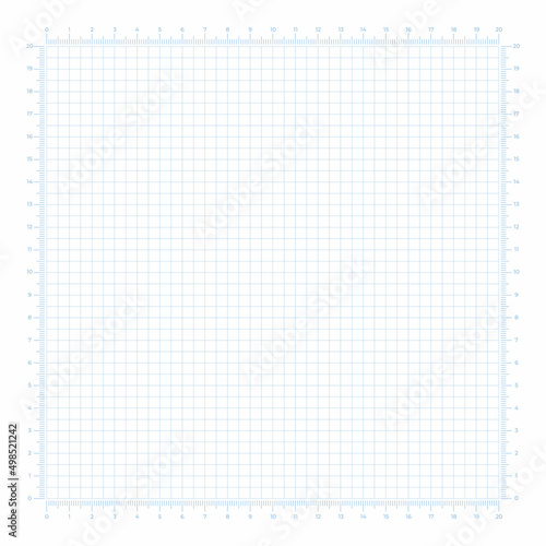 Vector illustration of corner rulers from 0 to 20 cm isolated on white background. Blue plotting graph paper grid. Vertical and horizontal measuring scales. Millimeter graph paper grid template.
