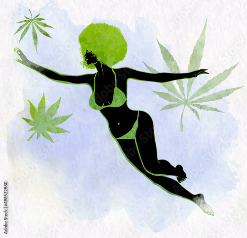 Woman's silhouette with afro hairstyle flying around marijhuana leafs. Watercolor vector design template