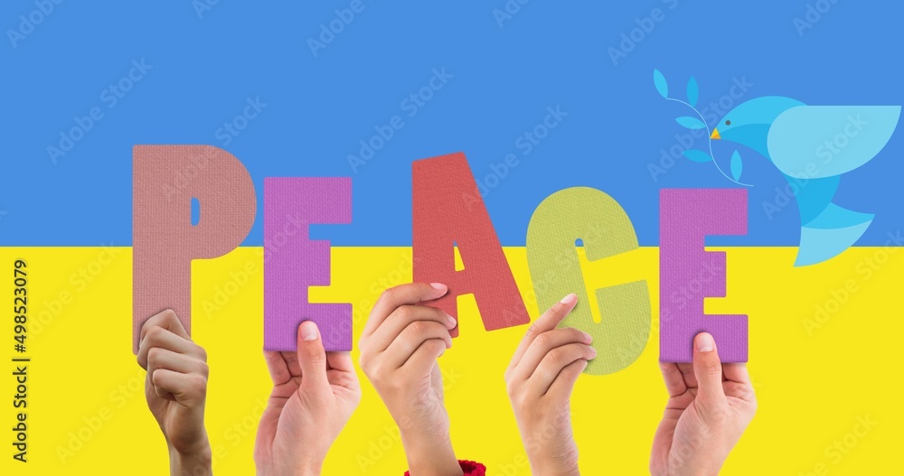 Cropped image of people holding peace alphabets over flag of ukraine, copy space Cropped image of people holding peace alphabets over flag of ukraine, copy space