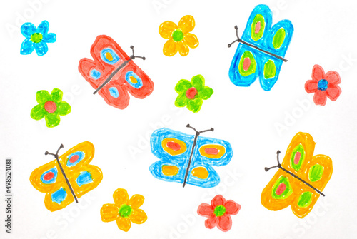 Lots of colored butterflies and flowers on a white background. Children's drawing with felt-tip pens.