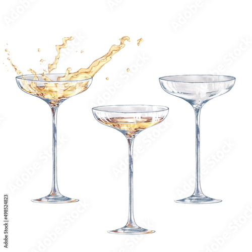 A set of champagne glasses in watercolor style. Isolated on white
