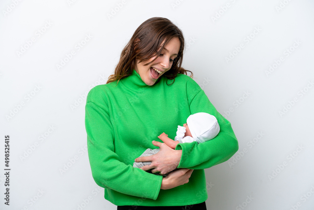 Young caucasian woman with her cute baby isolated on white background with surprise and shocked facial expression Young caucasian woman with her cute baby isolated on white background with surprise and shocked facial expression