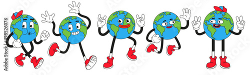 Earth characters in trendy retro cartoon style. Funny globe with smiley face.