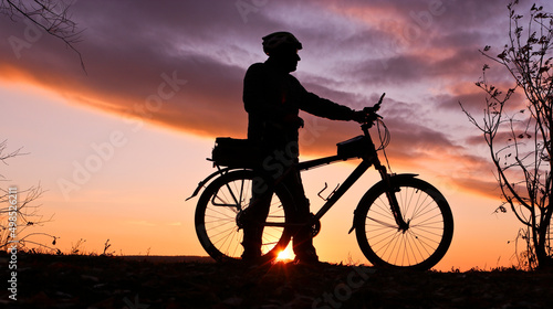 Silhouette of a cyclist and a bicycle on a sunset background. Sports action.