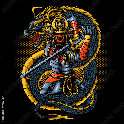 Japanese samurai warrior with dragon vector illustration