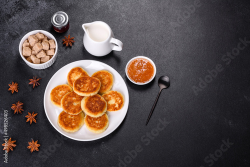 Cottage cheese pancakes with oats, syrniki on a black rustic background
