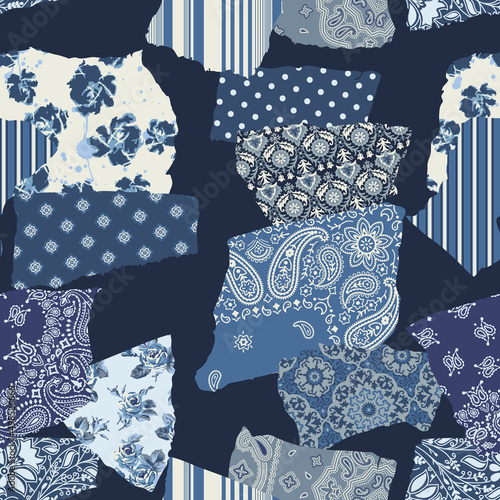 Paisley floral arabesque dots and stripped fabric patchwork abstract vintage vector seamless pattern