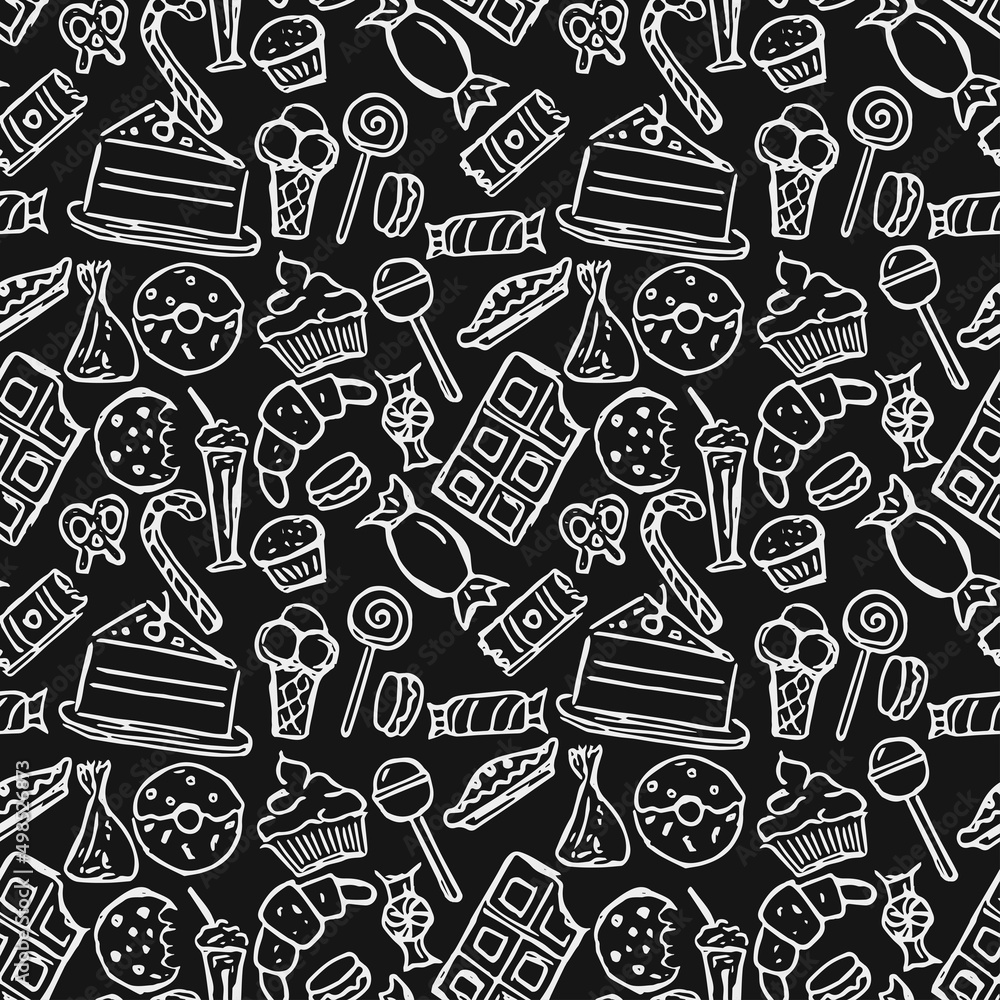 Seamless pattern with sweets. Doodle vector with sweets icons on black background. Vintage sweets illustration, sweet elements background for your project, menu, cafe shop Seamless pattern with sweets. Doodle vector with sweets icons on black background. Vintage sweets illustration, sweet elements background for your project, menu, cafe shop