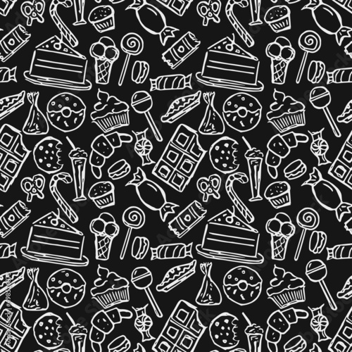 Seamless pattern with sweets. Doodle vector with sweets icons on black background. Vintage sweets illustration, sweet elements background for your project, menu, cafe shop