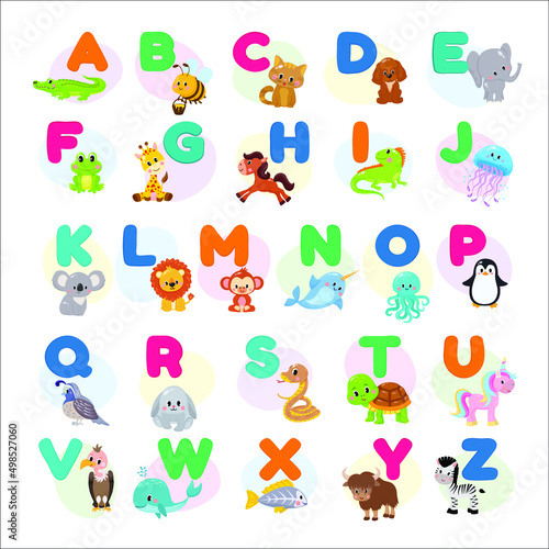 Fototapeta Naklejka Na Ścianę i Meble -  Vector illustration of cute zoo alphabet with cartoon animals isolated on white background.
