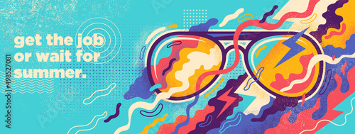 Abstract summer banner design with sunglasses and colorful splashing shapes. Vector illustration.