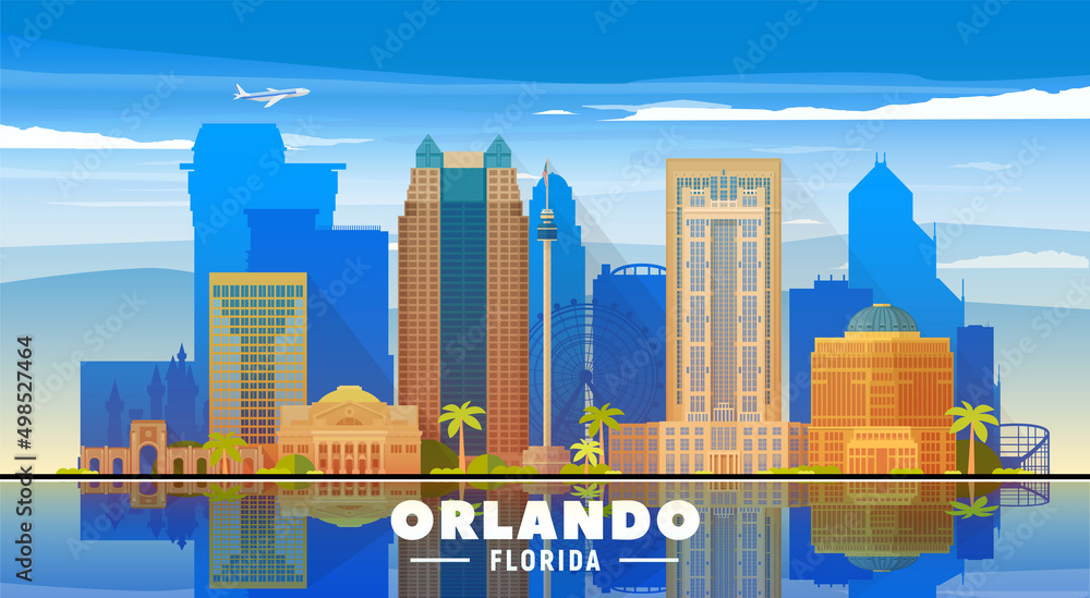 Orlando ( Florida ) skyline with panorama on white background. Vector Illustration. Business travel and tourism concept with modern buildings. Image for presentation, banner, web site. - obrazy, fototapety, plakaty 