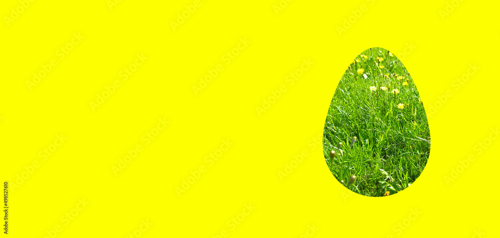 Egg from green grass isolated on yellow color background. Trendy modern bright color. Celebration card. Design element. Happy Easter poster. Life. Environmental, Social and Corporate Governance. ESG. Egg from green grass isolated on yellow color background. Trendy modern bright color. Celebration card. Design element. Happy Easter poster. Life. Environmental, Social and Corporate Governance. ESG.