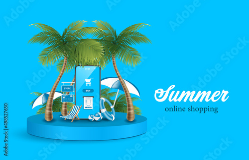 Receipt flows from the smartphone screen after pressing the online purchase button and there are coconut trees all around All were placed on a round podium,vector 3d for online shopping summer concept