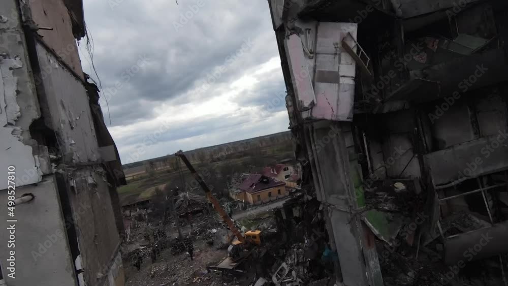Borodyanka, Kyiv Region, Ukraine, April 2022: Destroyed by russian army residential building in Borodyanka, Kyiv Region. Shoot on FPV drone Borodyanka, Kyiv Region, Ukraine, April 2022: Destroyed by russian army residential building in Borodyanka, Kyiv Region. Shoot on FPV drone