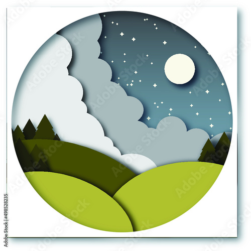 3d vector paper cut green landscape with hills, mountains, fir trees, clouds, stars, moon in a minimalistic volumetric style