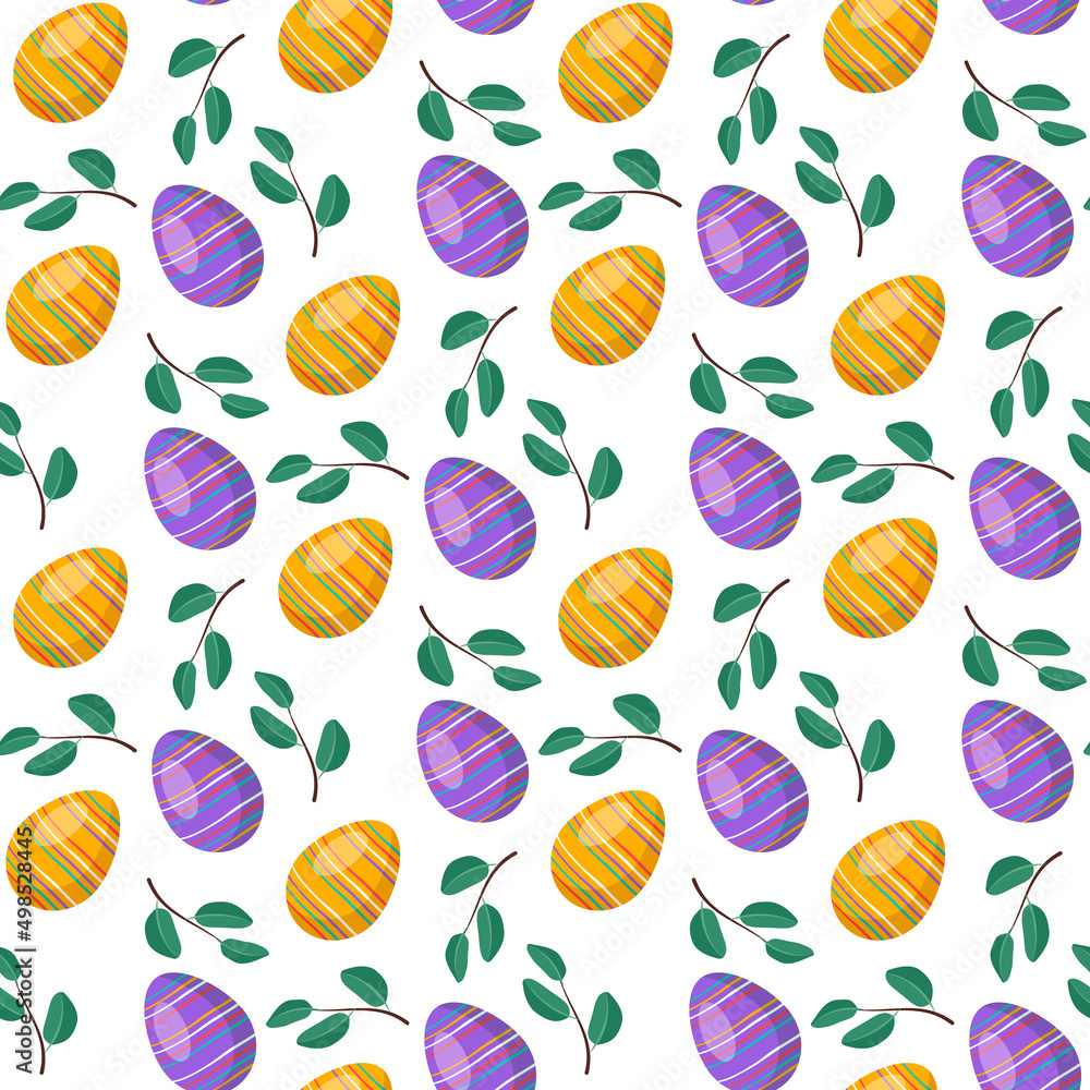 Happy Easter seamless pattern with bright eggs and leaves. Symbol of Christian Spring Holiday. Festive decoration with abstract elements and palm branch on white background. Vector flat illustration