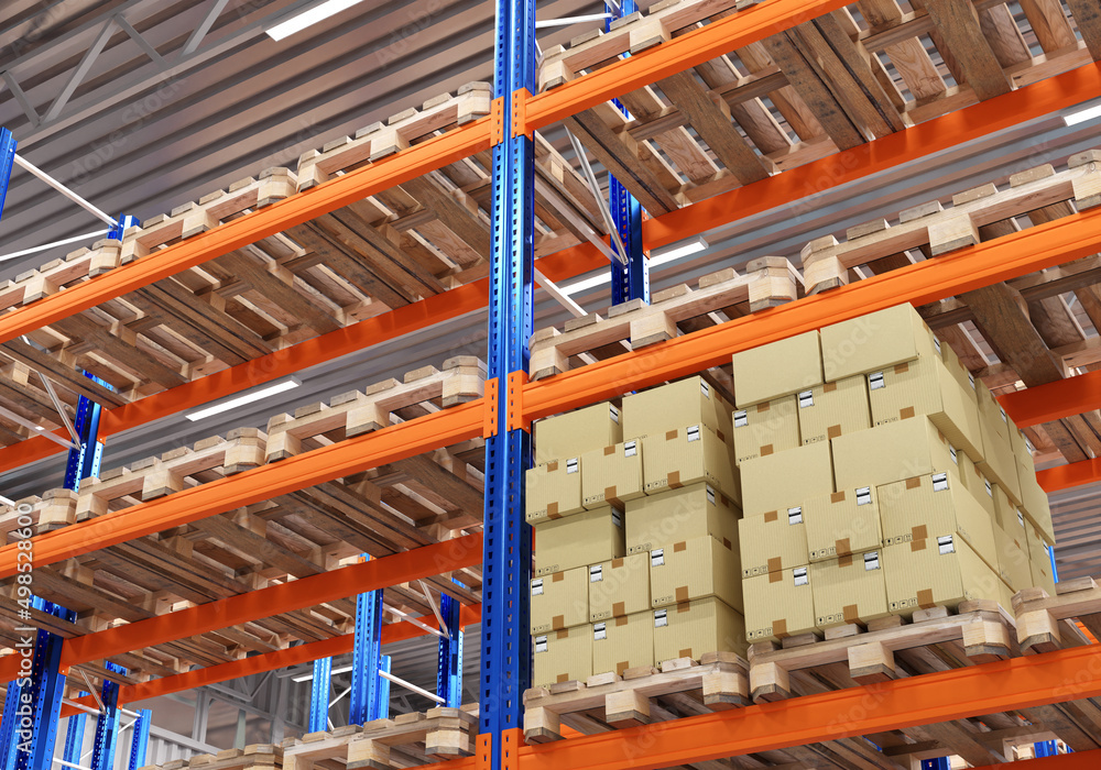 Warehouse storage. High storage shelving. Metal structure for storage of pallets. Cardboard boxes are stored in warehouse. Shelving in logistics center. Warehouse space rental concept. 3d rendering. Warehouse storage. High storage shelving. Metal structure for storage of pallets. Cardboard boxes are stored in warehouse. Shelving in logistics center. Warehouse space rental concept. 3d rendering.