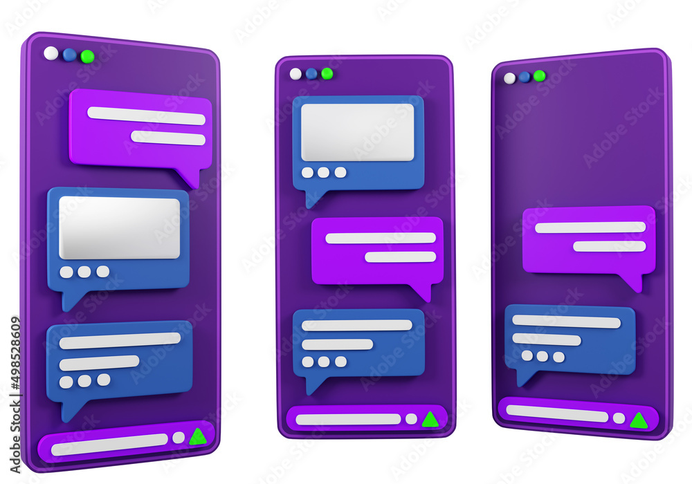 Phone message set. Smartphones purple color. Mobile phones with messenger interface. SMS notification on screen by phone. Simple cellphone on white design. Apps with messages. 3d rendering. Phone message set. Smartphones purple color. Mobile phones with messenger interface. SMS notification on screen by phone. Simple cellphone on white design. Apps with messages. 3d rendering.