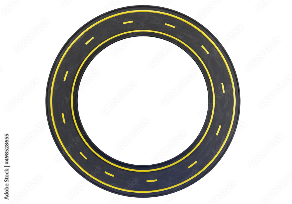 Ring road. Asphalt road ring. Highway with yellow markings. Road isolated on white. Copy Space on theme of auto tourism or travel. Circular highway for cars. Place for inscription. 3d image.